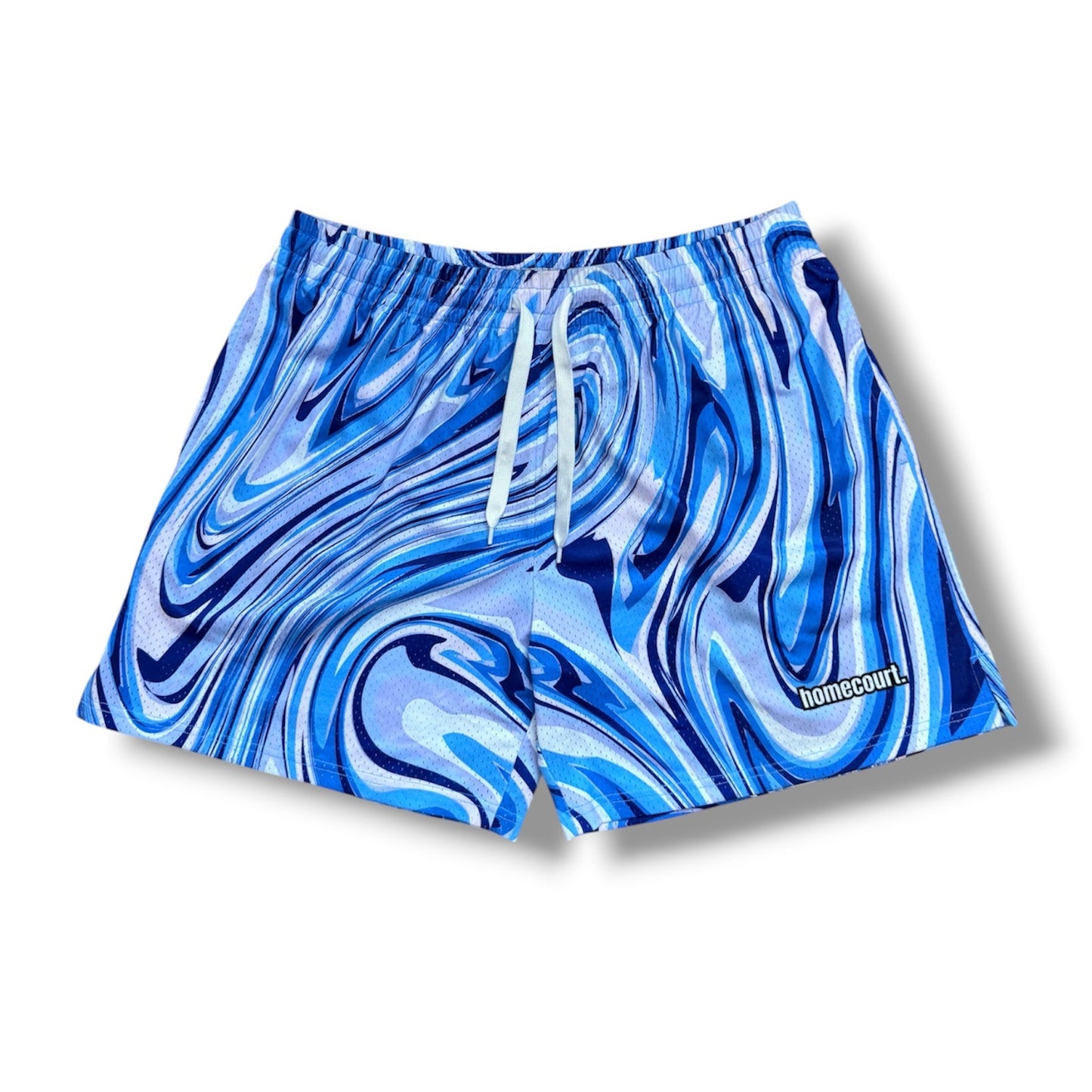 Mesh shorts: blue swirl