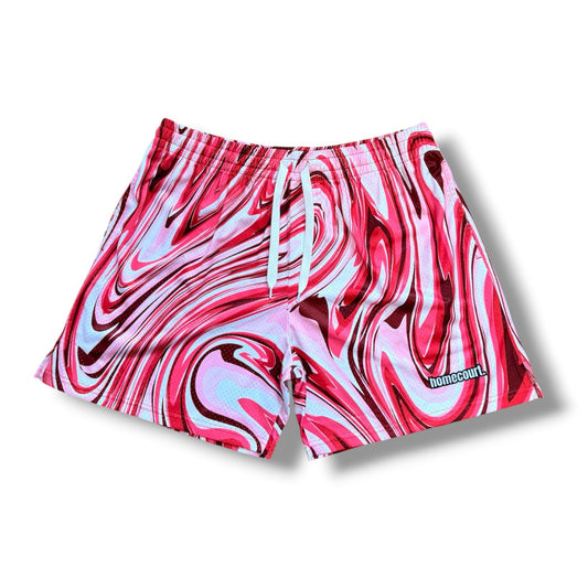 Mesh shorts: red swirl