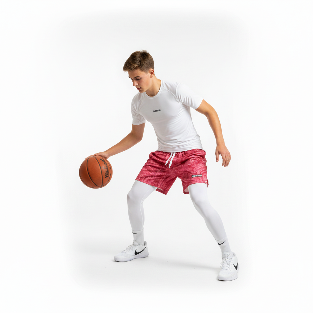 Mladý basketbalista - bílý outfit s raspberry red kraťasy