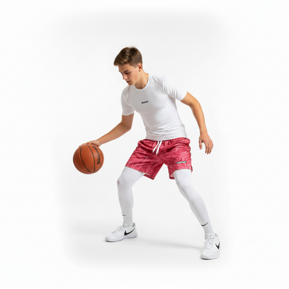 Mladý basketbalista - bílý outfit s raspberry red kraťasy